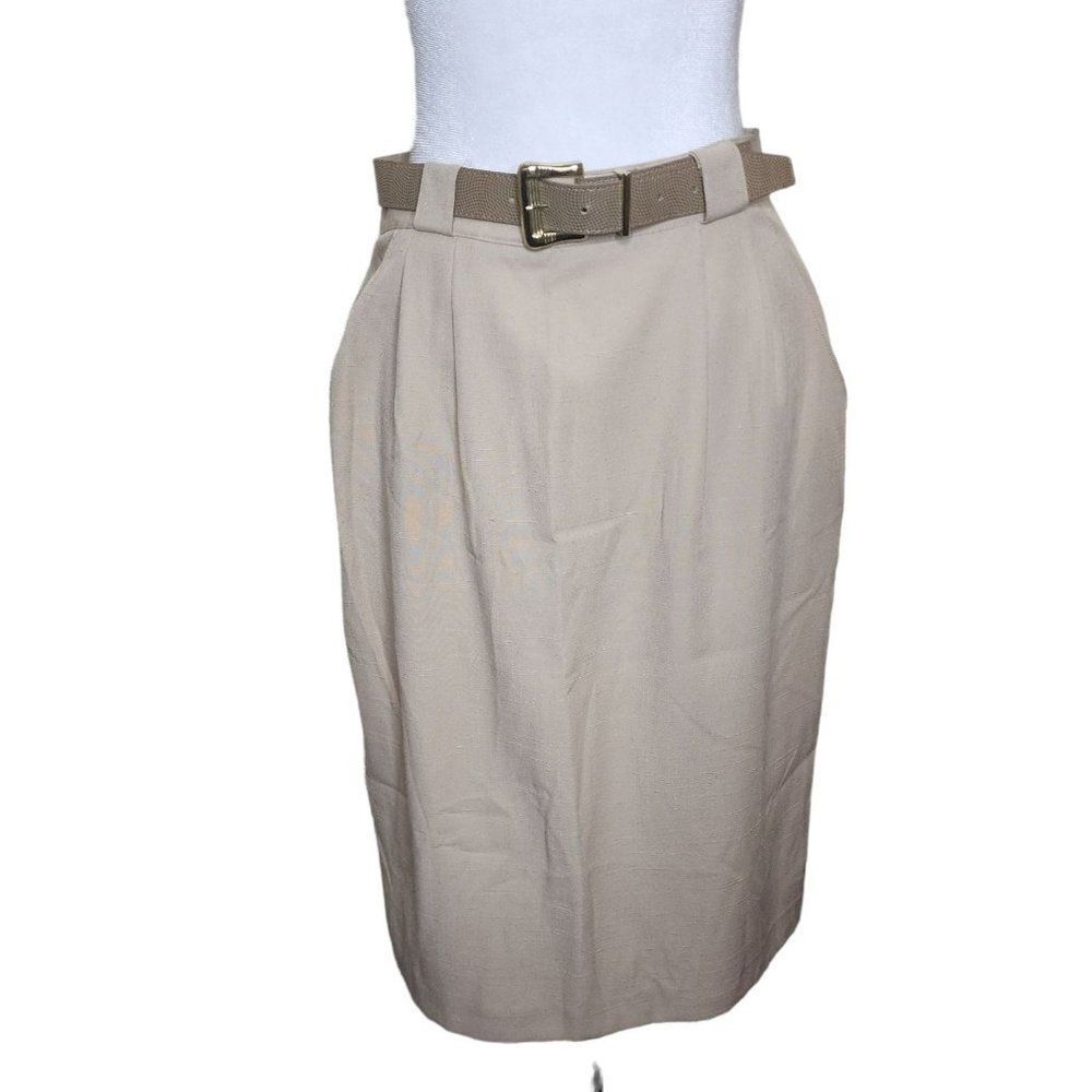Vintage 80s Belted Pencil Skirt Pockets Womens Size 10 Khaki Office Career Work